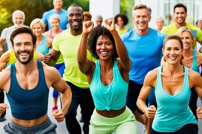 Un grupo diverso de hombres y mujeres ejercitándose juntos, mostrando apoyo y camaradería al aire libre.