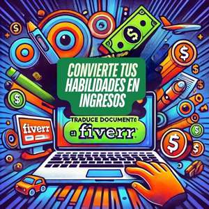 Convierte tus habilidades en ingresos, traduciendo documentos con Fiverr, una computadora con muchas fotos de diferentes documentos traducidos, mostrando una forma adicional de obtener ingresos desde casa.