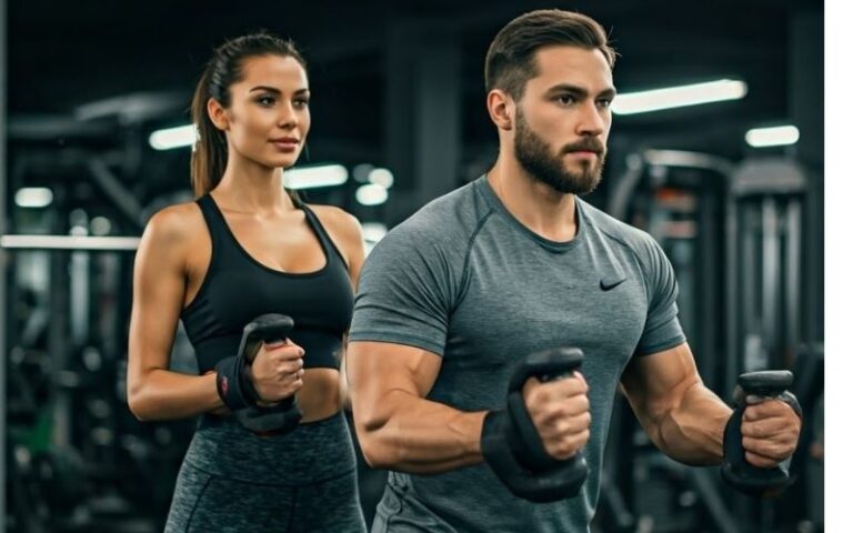 Un hombre y una mujer entrenando juntos en el gimnasio. Esto puede representar el trabajo en equipo y la motivación compartida en el fitness.