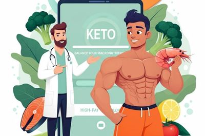 Hombre saludable rodeado de alimentos sanos de la Dieta Keto, y el nutricionista se los recomienda