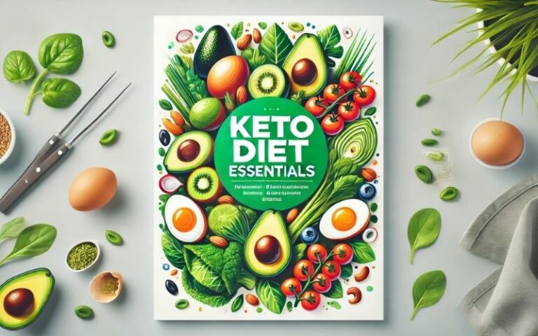 Portada atractiva sobre la dieta Keto con alimentos frescos como aguacates, huevos y verduras, diseñada para destacar con colores vibrantes.