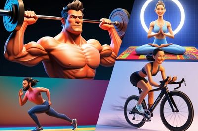 Un collage que muestra diferentes actividades de entrenamiento, como levantamiento de pesas, yoga, carrera y ciclismo, representando la diversidad en la rutina de ejercicios.